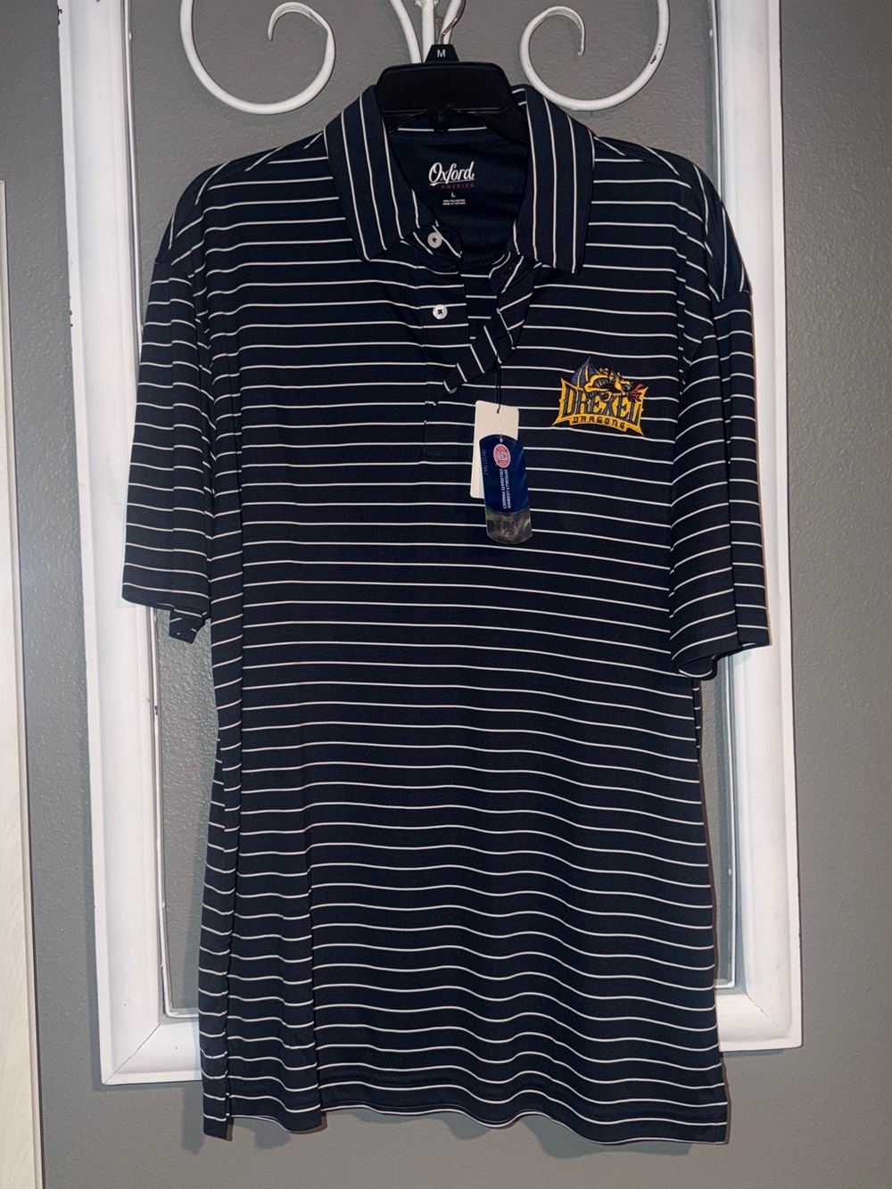Oxford Navy and White Striped Polo with Debut Chest Logo